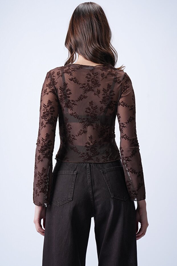 Bluză maro transparentă brodată - 5