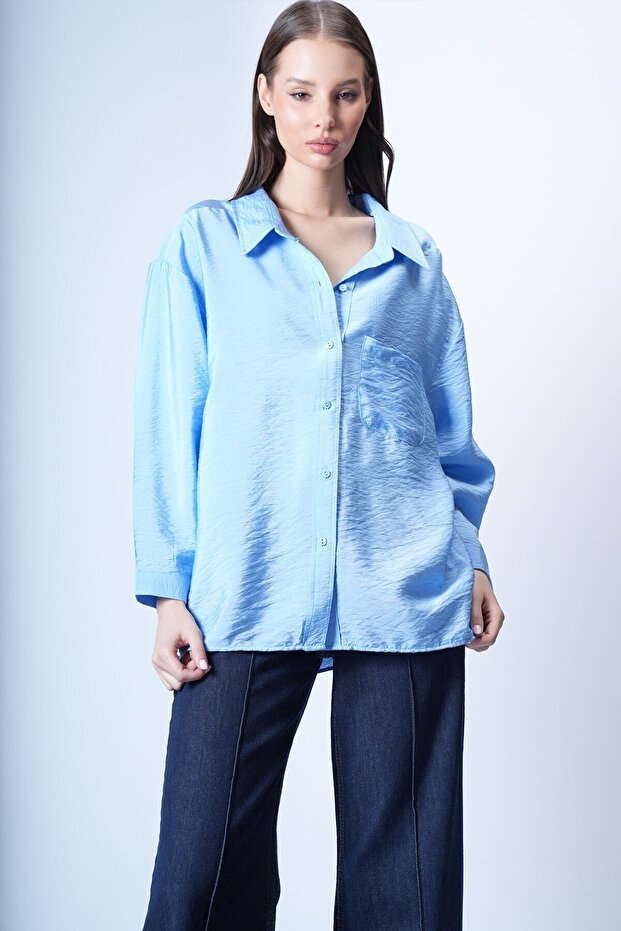 Mavi Tek Cepli Oversize Gömlek - 4