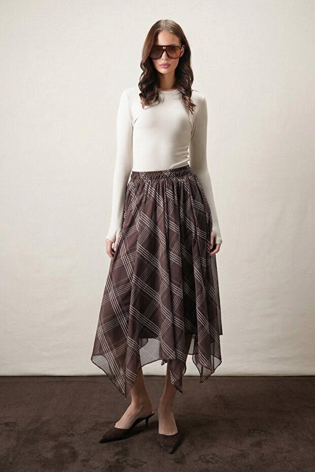 Brown Asymmetrical Plaid Skirt