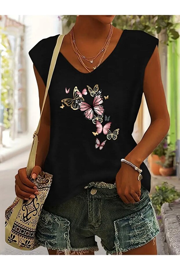 Purple Butterfly Printed Women's Oversize Sleeveless T-Shirt