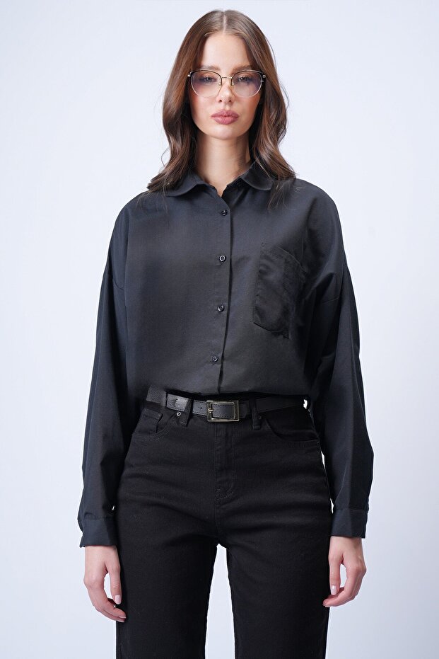 Siyah Tek Cepli Oversize Gömlek - 1