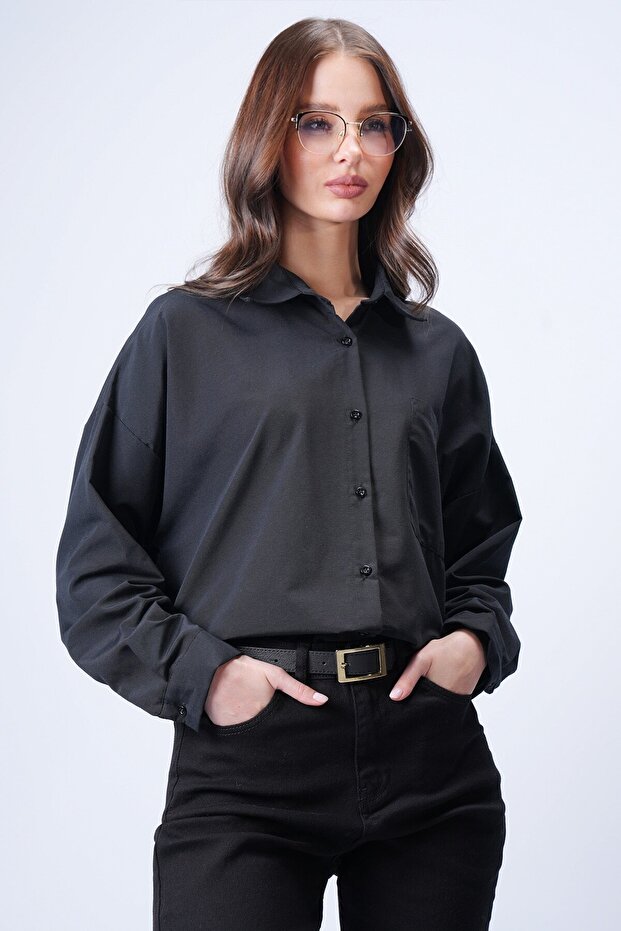 Siyah Tek Cepli Oversize Gömlek - 4