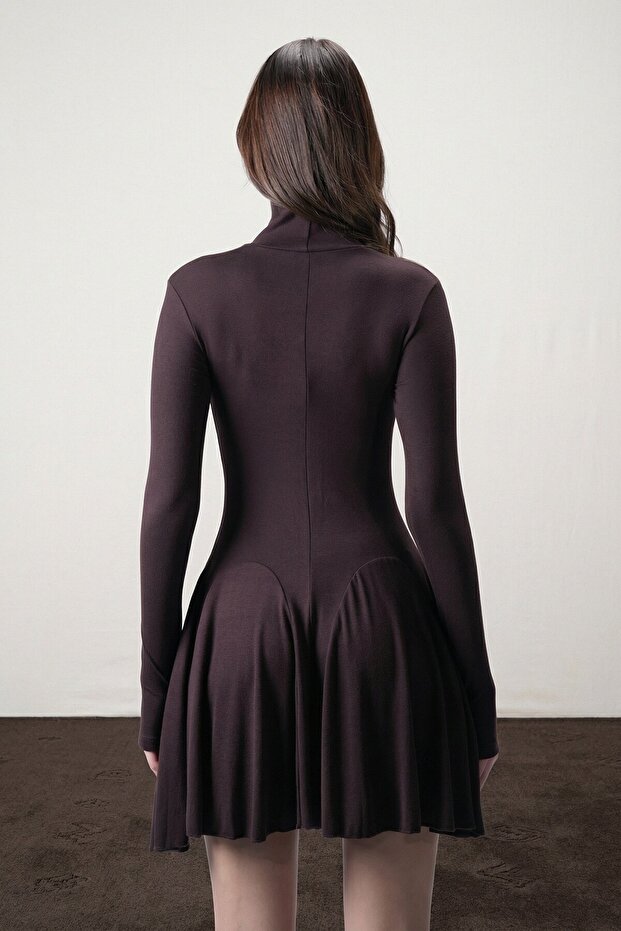 Acı Kahve Dik Yaka Mini Elbise - 5
