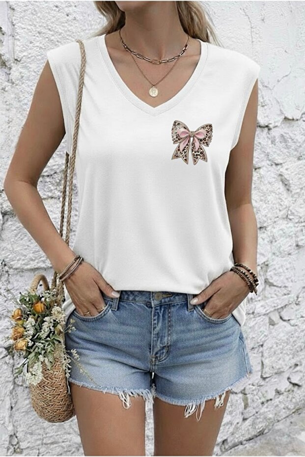 Ribbon Printed Women's Oversize Sleeveless T-Shirt