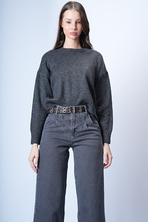 Antrasit Oversize Kısa Kazak - 3