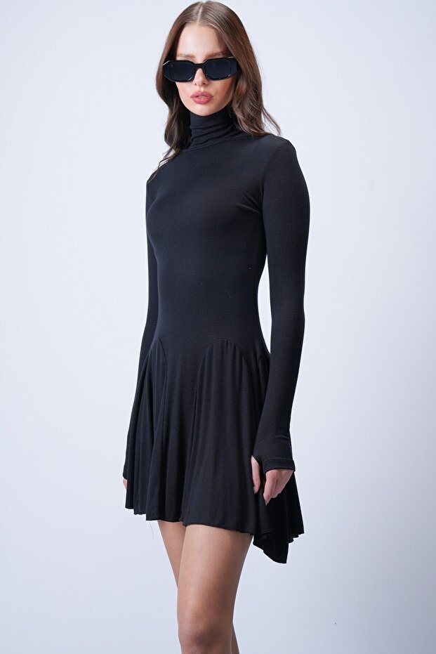 Siyah Dik Yaka Mini Elbise - 3