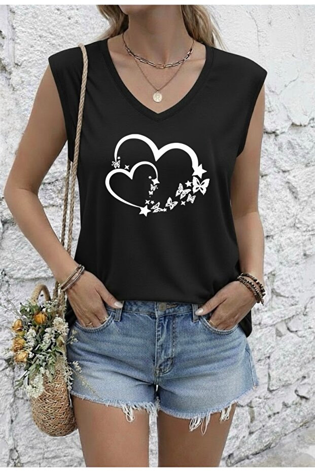 Butterfly Heart Printed Women's Oversize Sleeveless T-Shirt