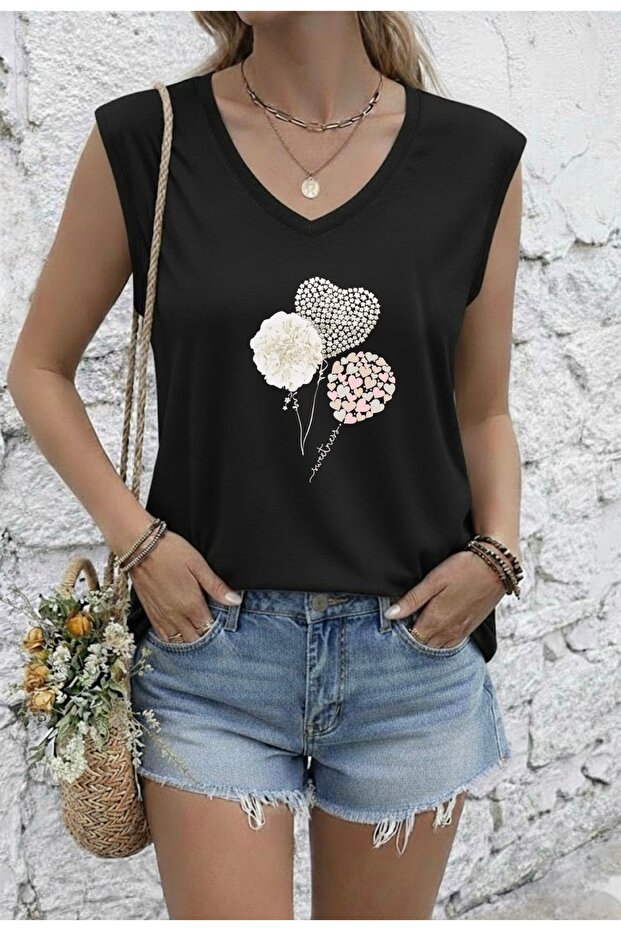 Heart Balloon Printed Women's Oversize Sleeveless T-Shirt