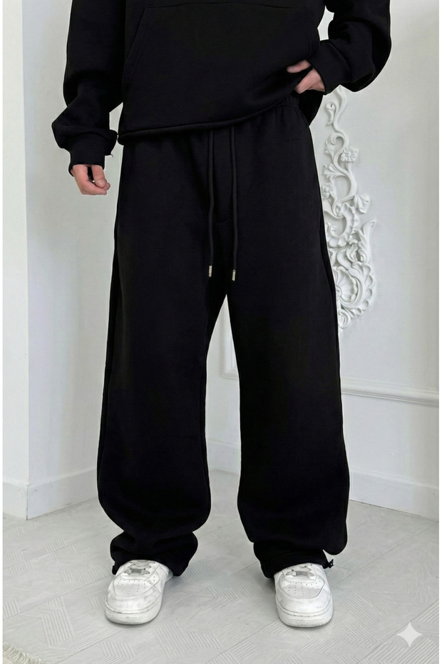 Unisex Oversized Baggy Fit Wide Leg 3 Thread Ş Fleece-Lined Sweatpants - Premium Cotton Jogger Pants
