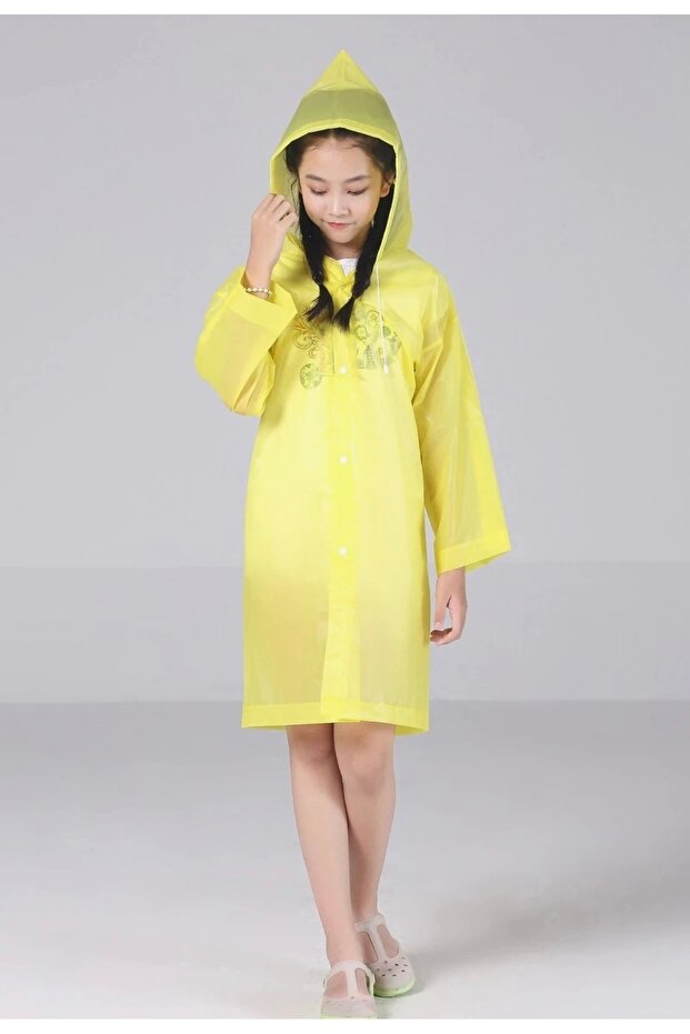 Unisex Children's Yellow Water-Resistant Raincoat with Snap Fasteners Hooded