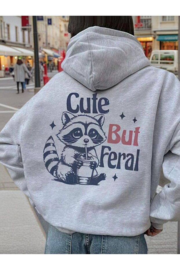 Cute Raccoon Back Printed Hooded Unisex Plain Gray Sweatshirt