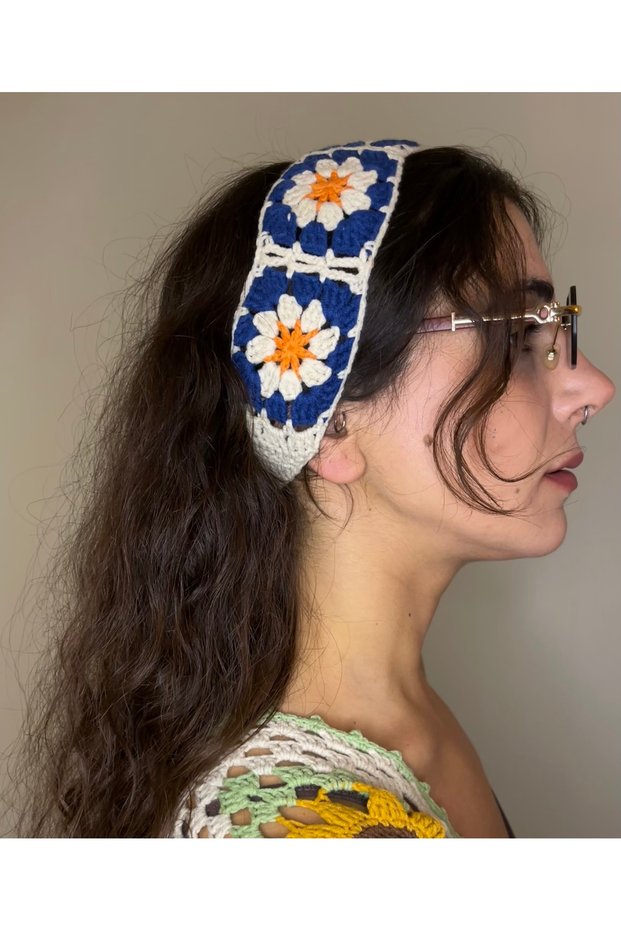 Candlelight Colored Striped Hand-Knitted Bandana with Orange and Navy Motifs