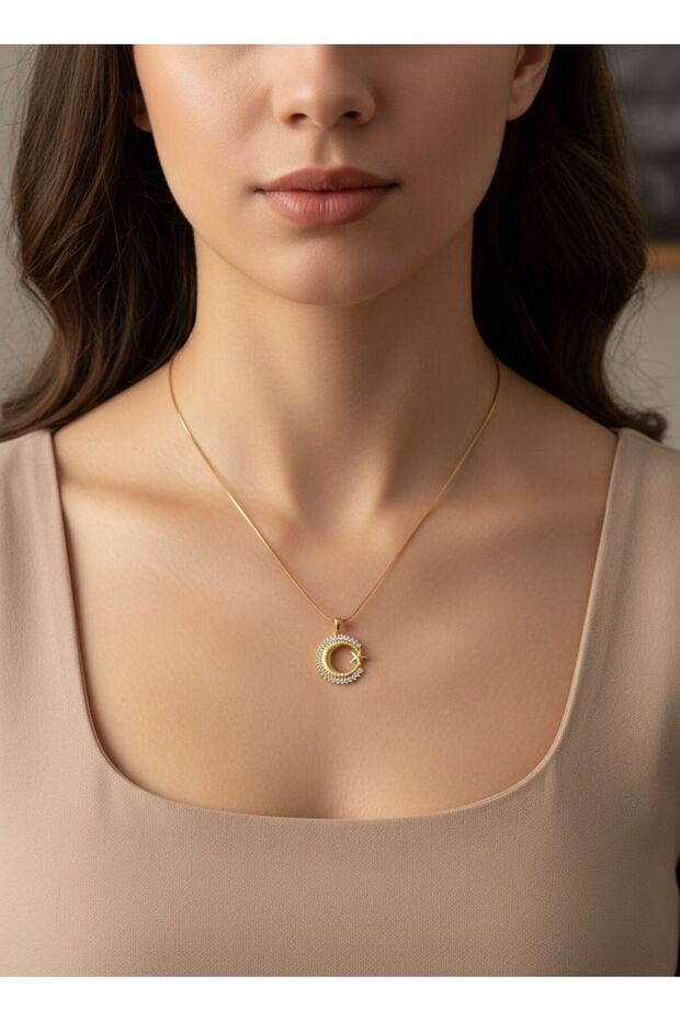 Steel Moon Star Zircon Stone Necklace