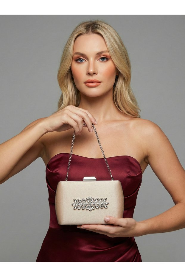 Beige Luxury Suede Crystal Stone Metal Handle Chain Women's Evening Dress Bag Wedding Engagement Graduation