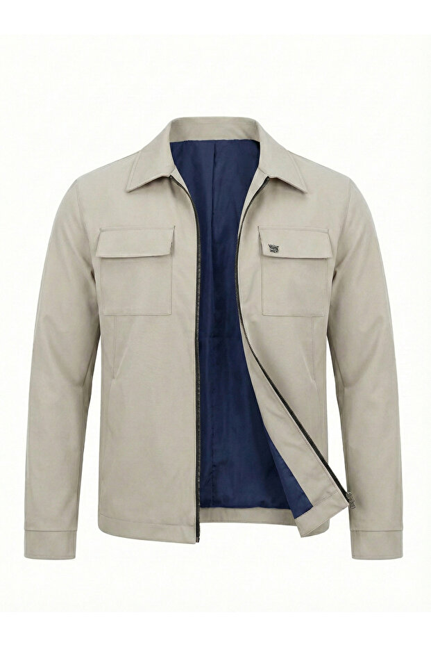 Men's Transitional Coat with Double Pockets on the Chest, Cream & Beige