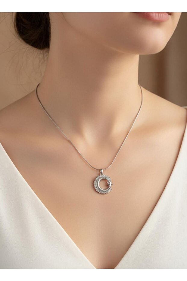 Steel Moon Star Zircon Stone Necklace