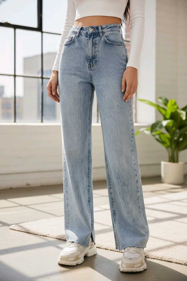 Layza Women's Inner Slit Light Blue Snow L Stretch Fabric Super High Waist Loose Leg Denim Palazzo Trousers