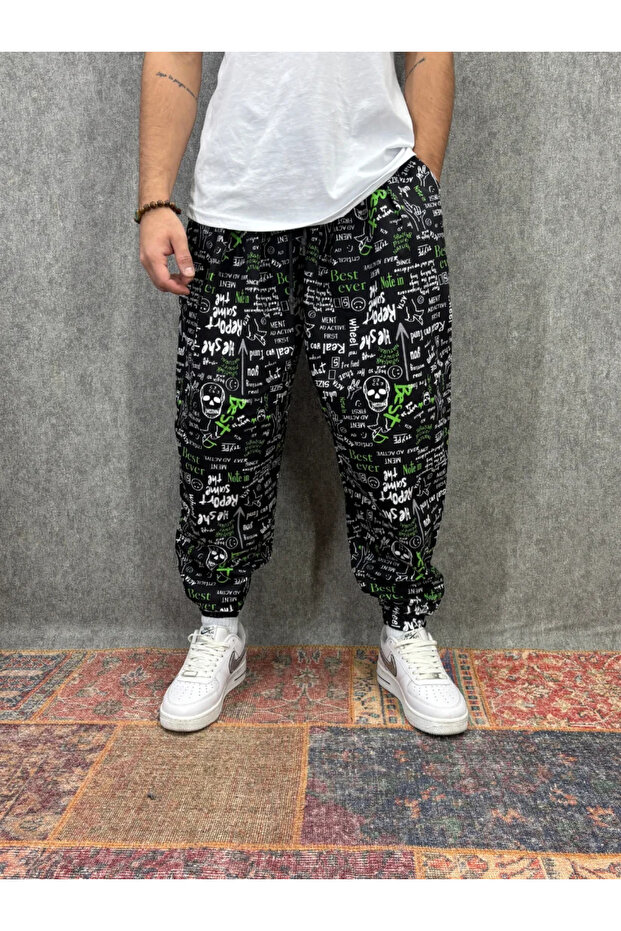 بنطلون نصف شالوار مطوي ومزين بنمط مع خصر مطاطي - 1