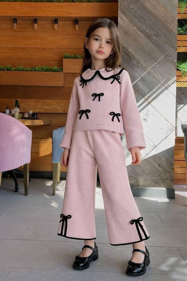 My Little One's Cicileri Bow Detailed Knitwear Sweater and Pants 2-Piece Girls' Set - Pink