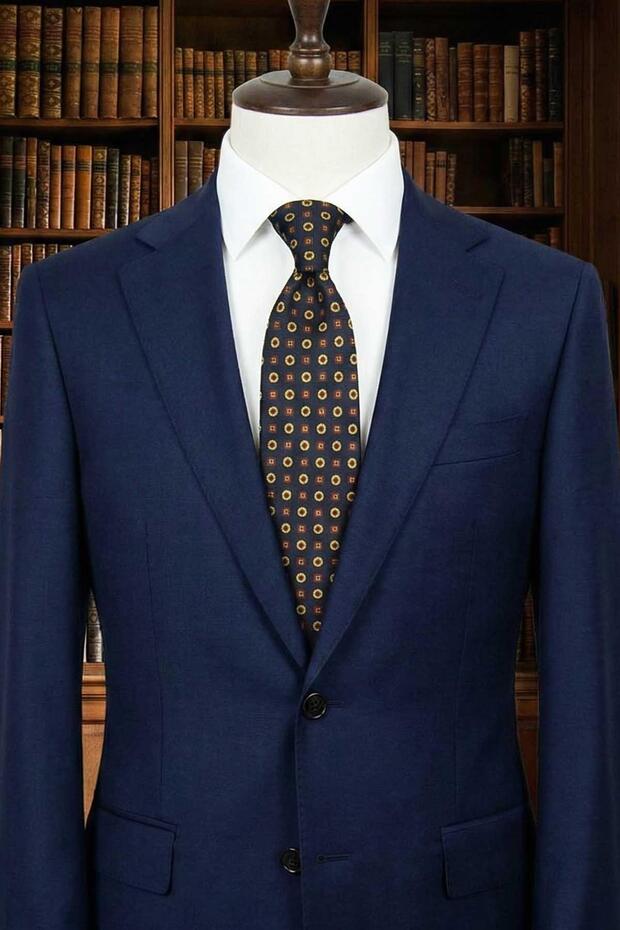 Pregasona Style Dark Navy Blue Motif Pattern Italian Silk Tie İk2226