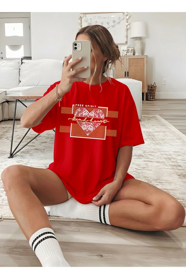 Women's Lace Heart Detailed Printed Red T-Shirt