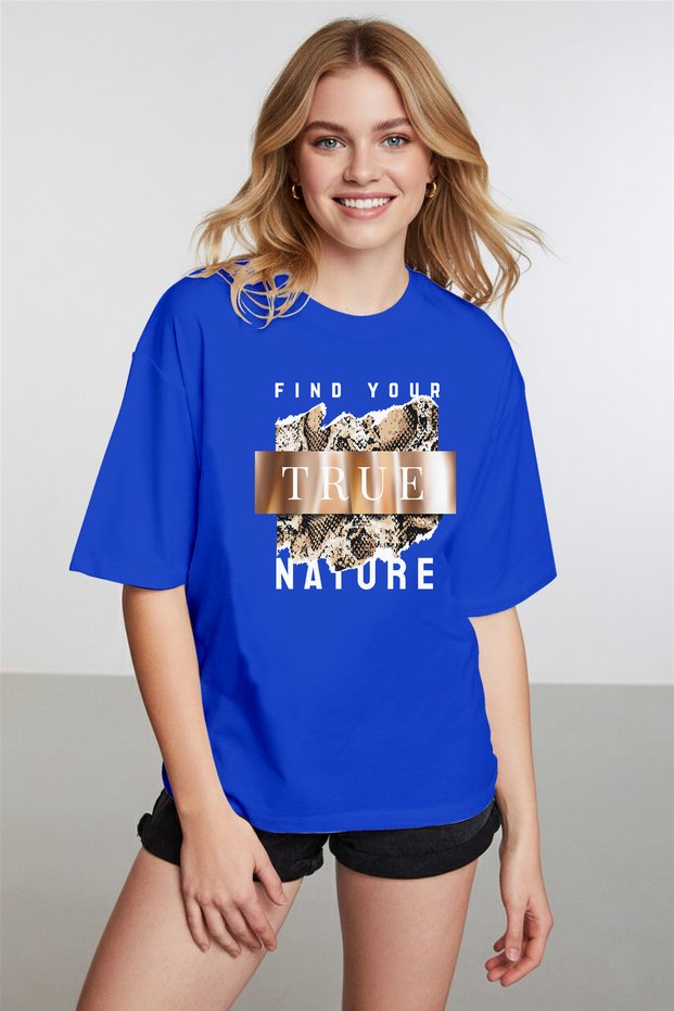 Women's Modern Nature Themed Cobalt Blue T-Shirt with Motto Written