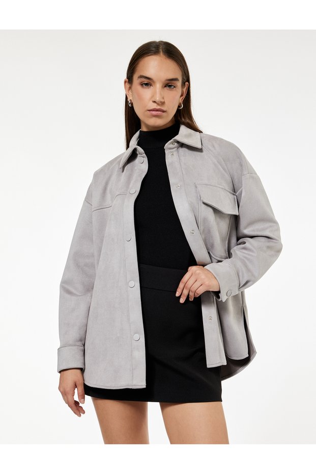 Long Sleeve Classic Collar Snap Button Pocketed Oversized Suede Look Jacket