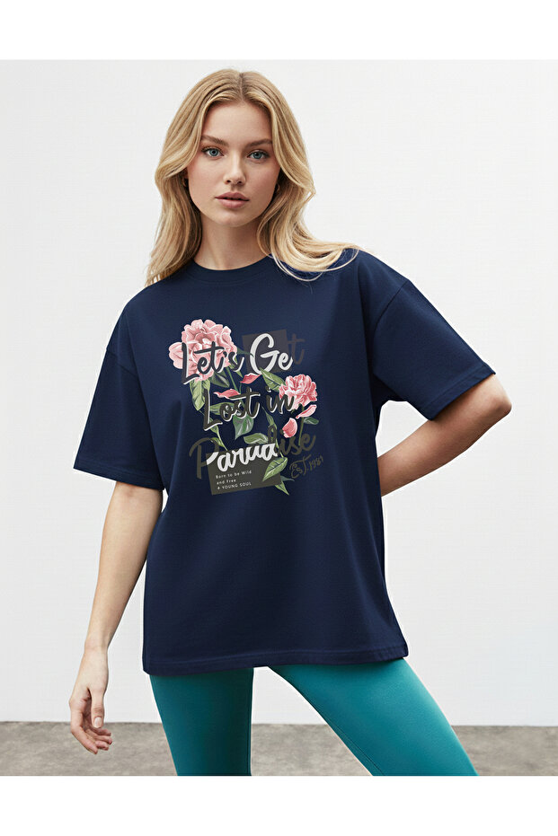 Women's Pink Rose Printed Crew Neck Navy Blue T-Shirt