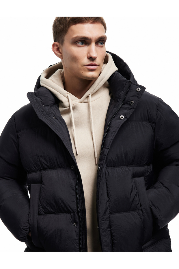 Hooded Zippered Long Inflatable Coat with Pocket Detail