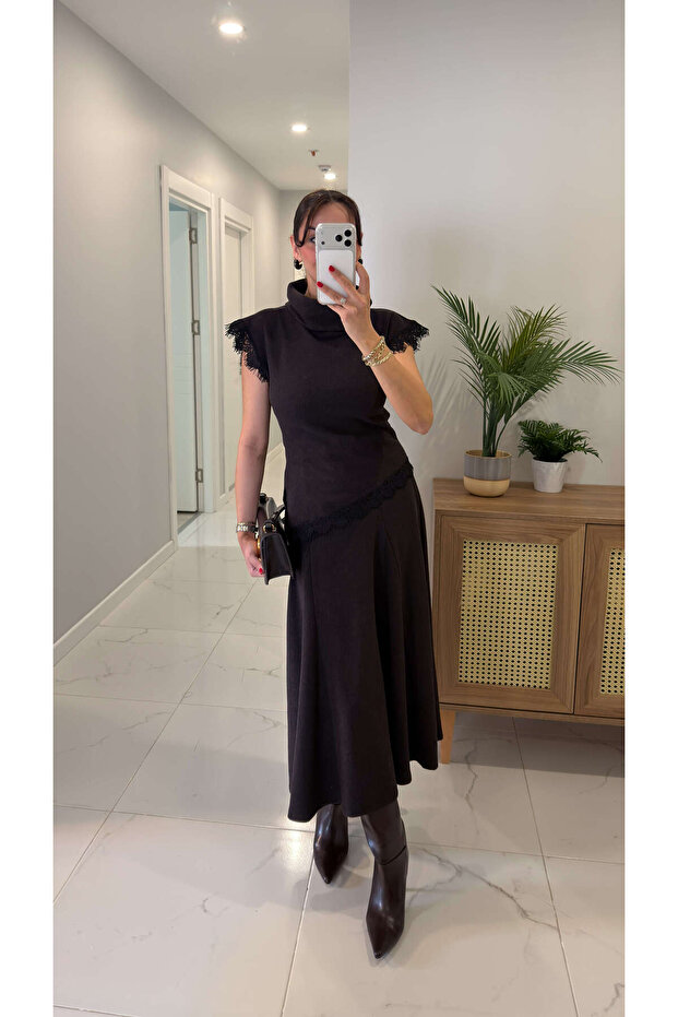ZR Murre Dark Brown Lace Detail Belted Blouse Skirt Set