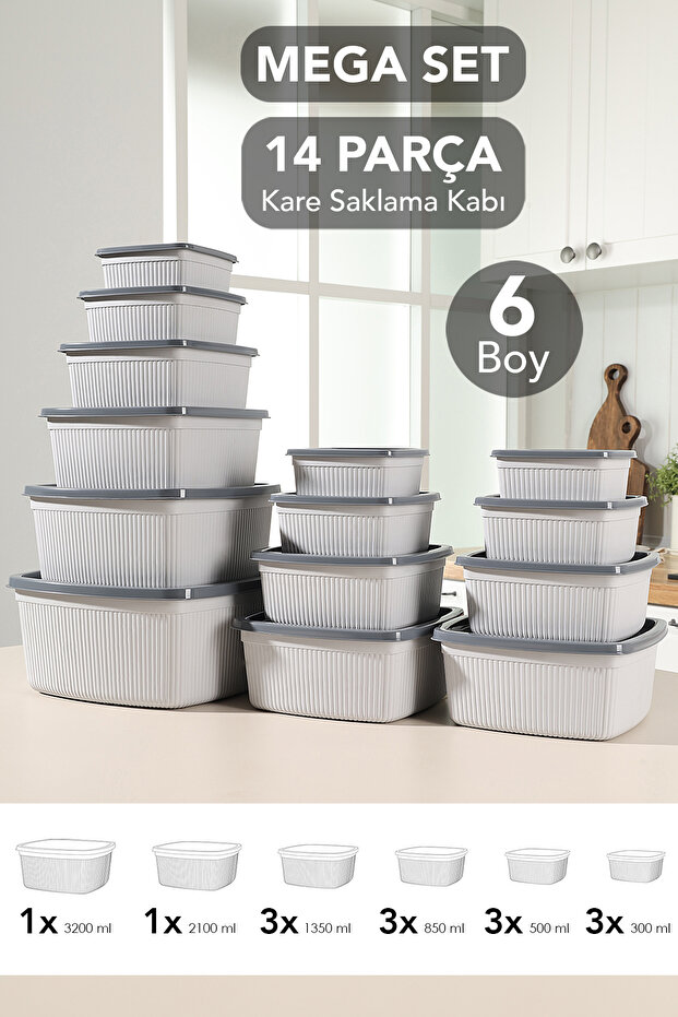 Set of 14 Striped Square Storage Containers - 6 Sizes Microwave Safe Organizer Food Container Gray