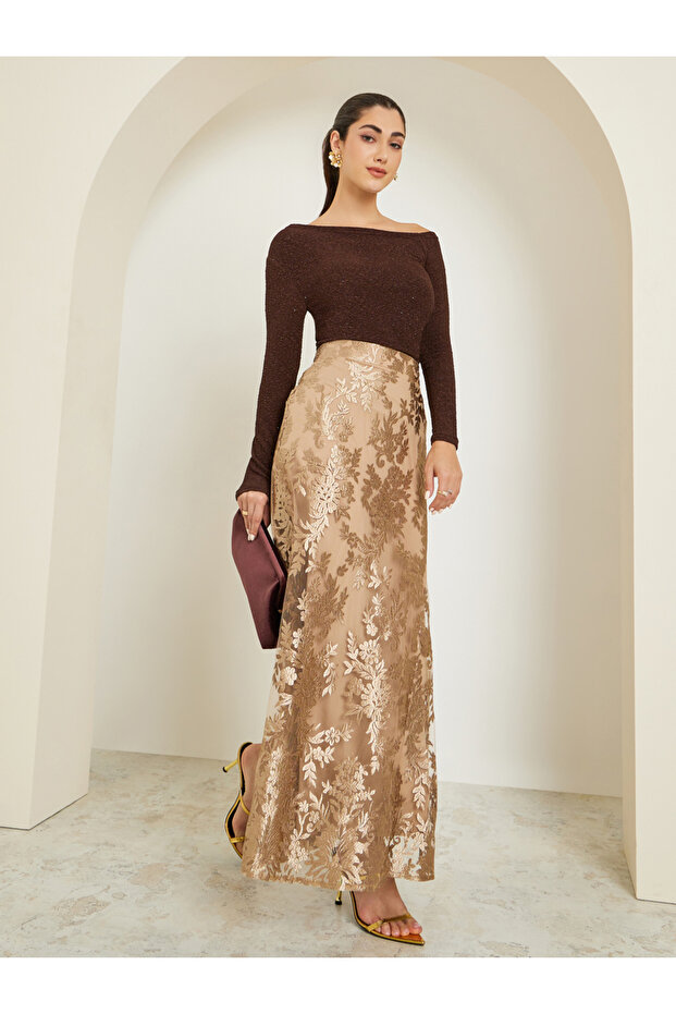 Women Gold Lace Pencil Maxi Skirt