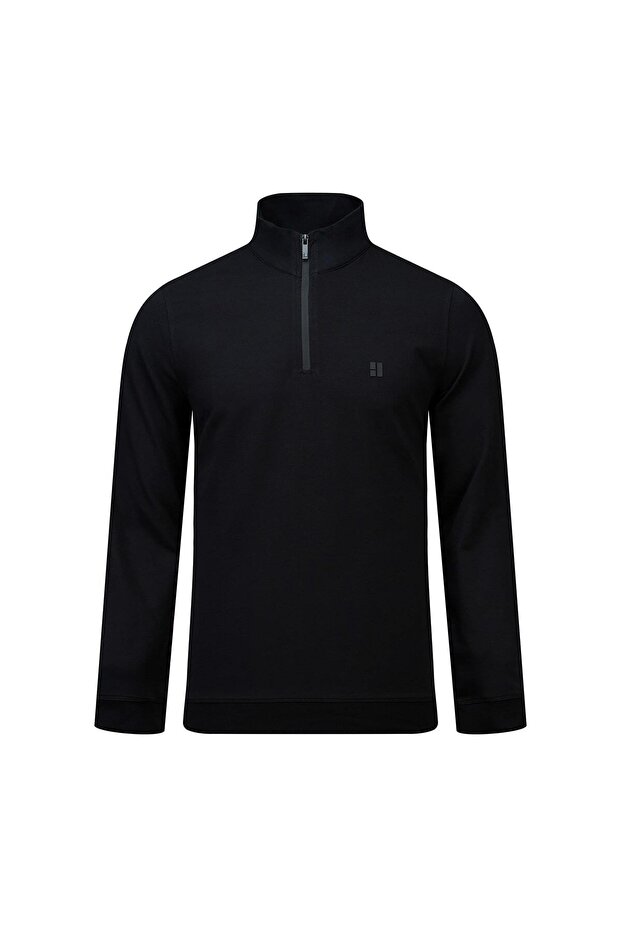 Black Regular Fit Half Turtleneck Zippered Sweatshirt