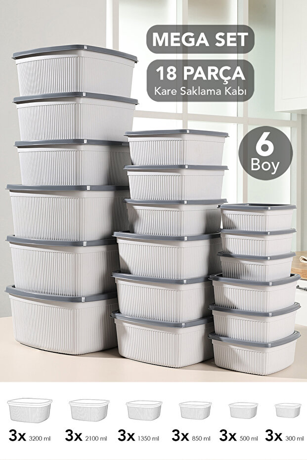 Set of 18 Striped Square Storage Containers - Microwave Safe Organizer Food Container 6 Sizes Gray