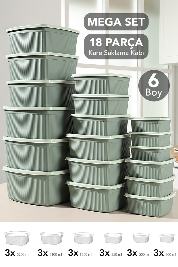 Set of 18 Striped Square Storage Containers - Microwave Safe Organizer Food Container 6 Sizes Green
