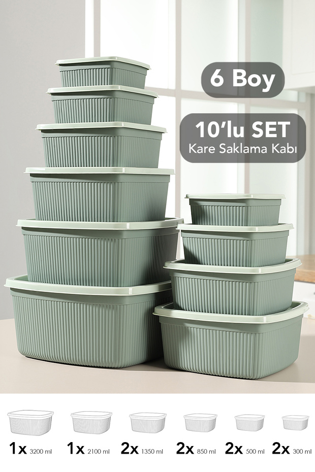 Set of 10 Striped Square Storage Containers - 6 Sizes Microwave Safe Organizer Food Container Green