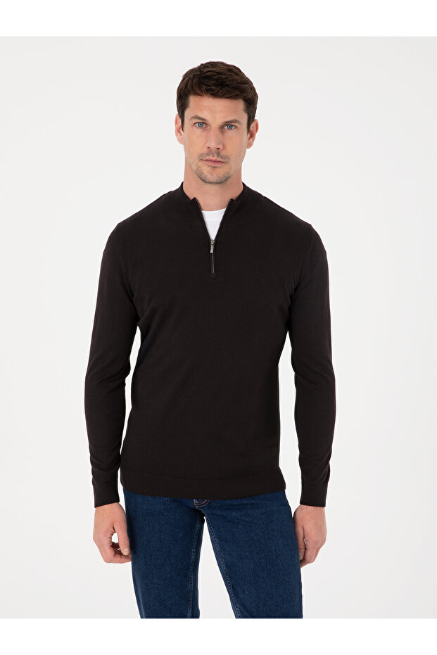Black Slim Fit Cotton Blend Half Zipper Mock Neck Knitwear Sweater 50318981-Vr046