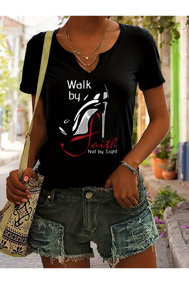 Women's Printed Half V-Neck Sleeves Regular Fit Casual T-Shirt