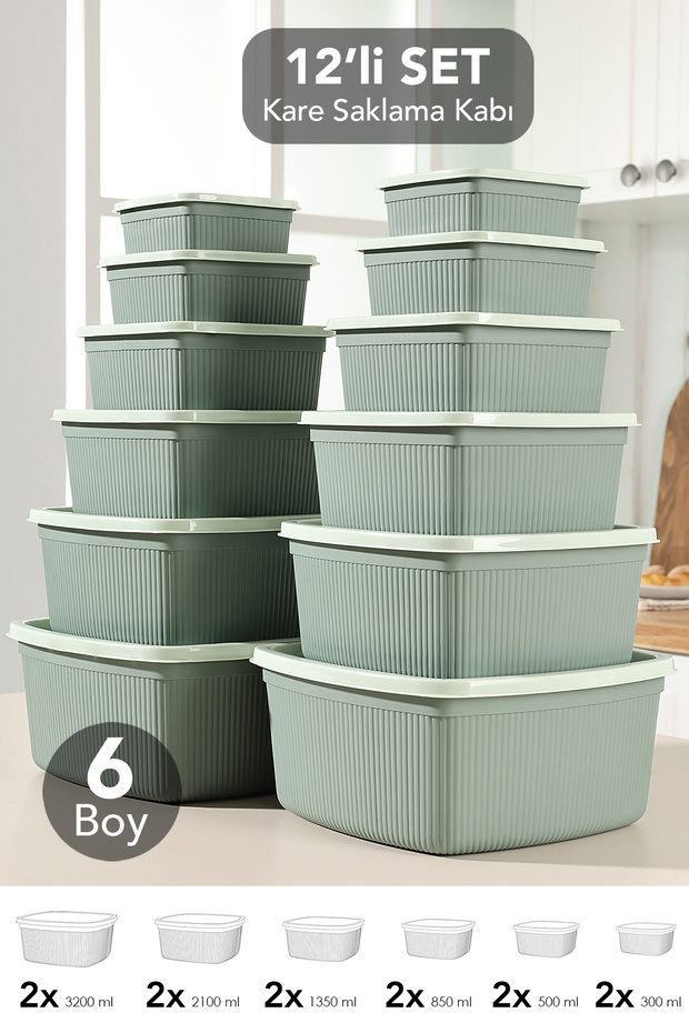 Set of 12 Striped Square Storage Containers - Microwave Safe Organizer Food Container 6 Sizes Green