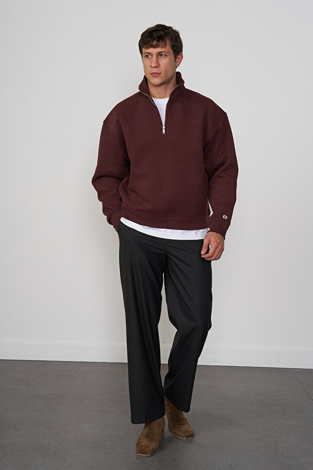 Fermuarlı Dik Yaka Oversize Sweatshirt - 1