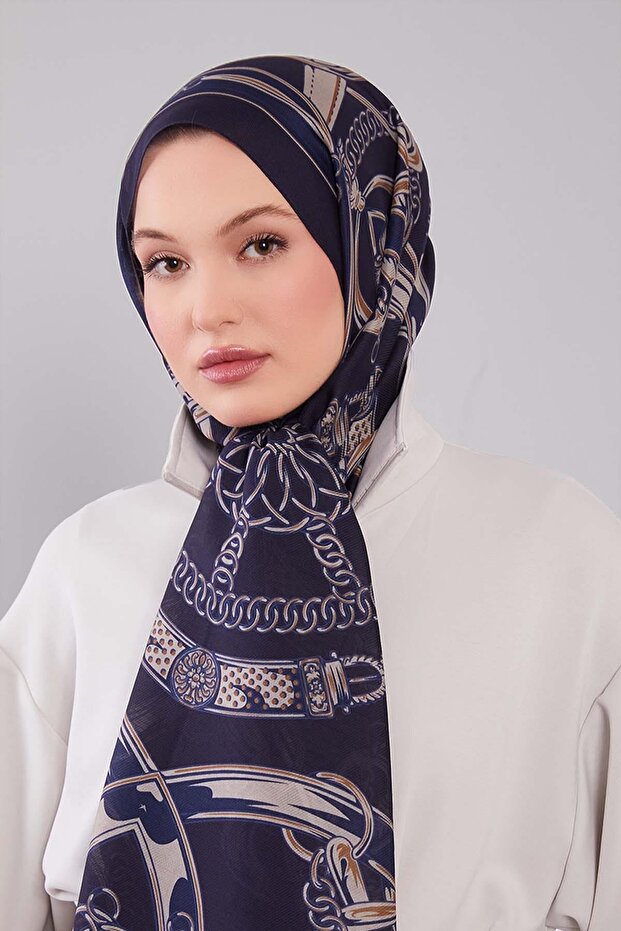 Navy Blue Mixed Patterned Wool Silk Shawl - 3