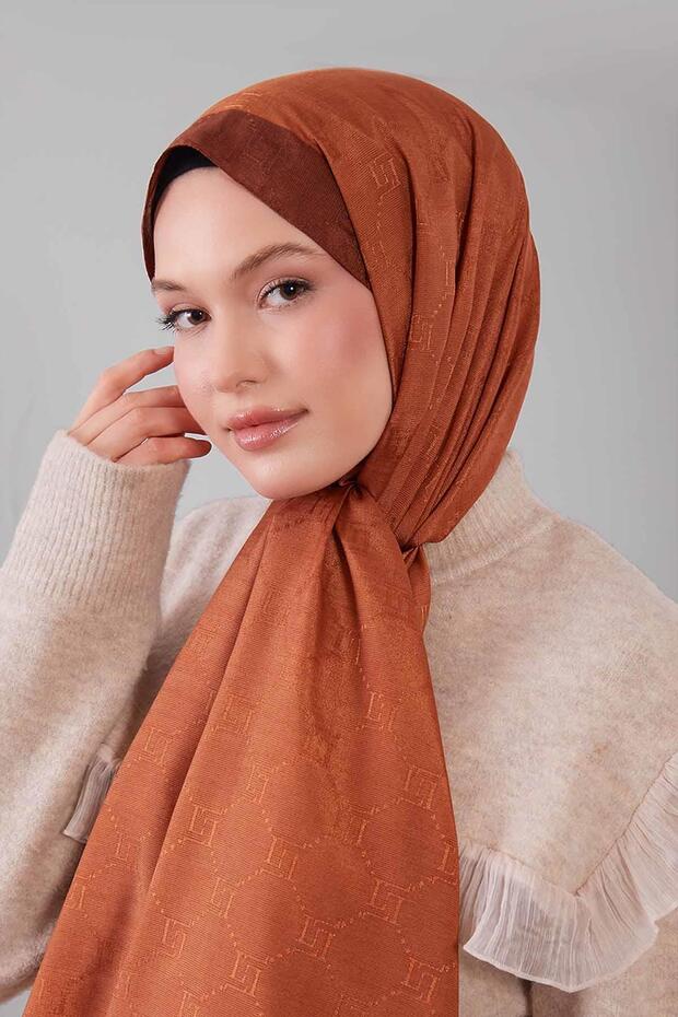 Kiremit Petek İşlemeli Monogram Şal - 2