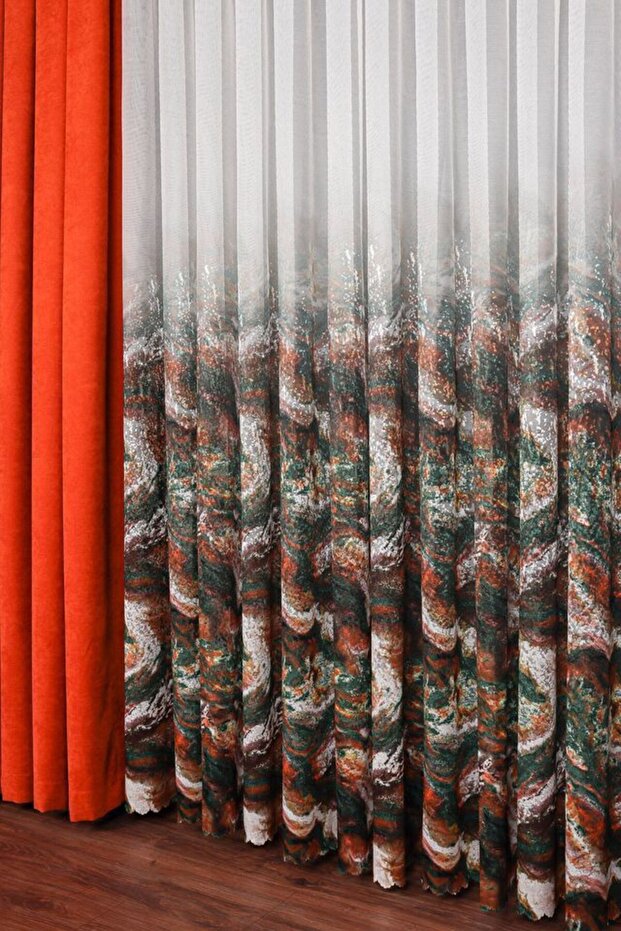 Aura Marble Digital Printing Tight Pleated Modern Tulle Curtain - Colorful