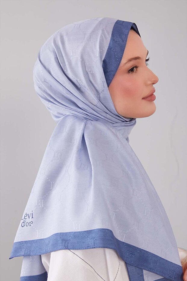 Mavi Petek İşlemeli Monogram Şal - 3