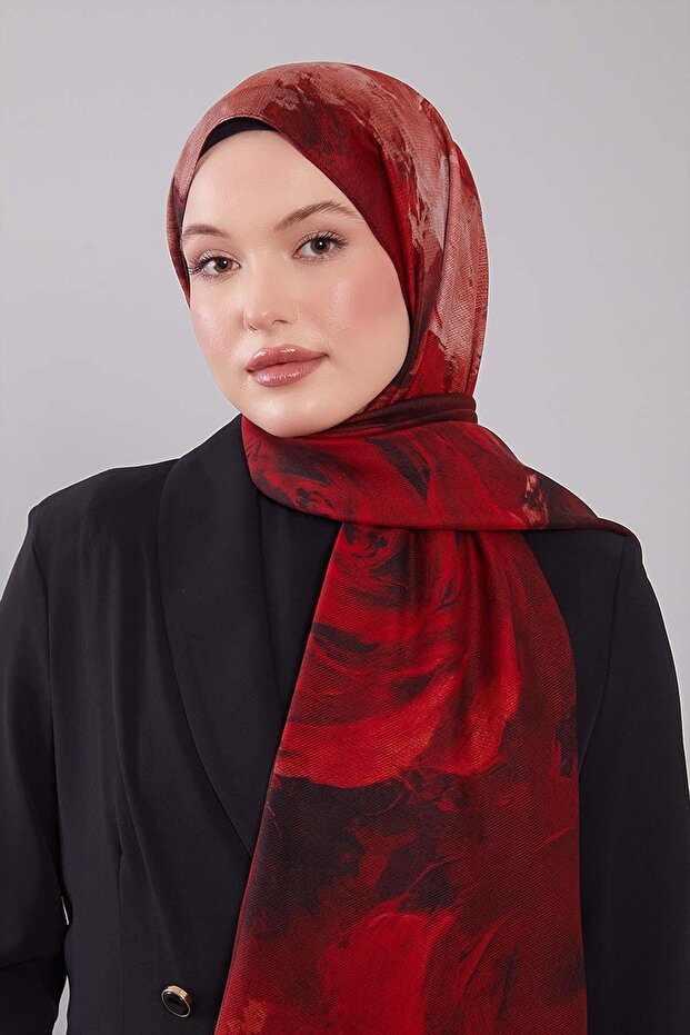 شال حريري من الصوف بنمط تجريدي أحمر - 2