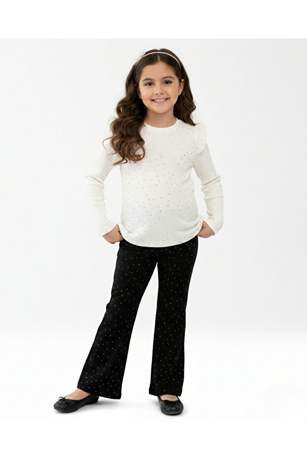 Girl's Corded Fabric Stoned Transitional Stylish 2-Piece Set L 4-12 Years Old Stoned Flared L Tights and Blouse