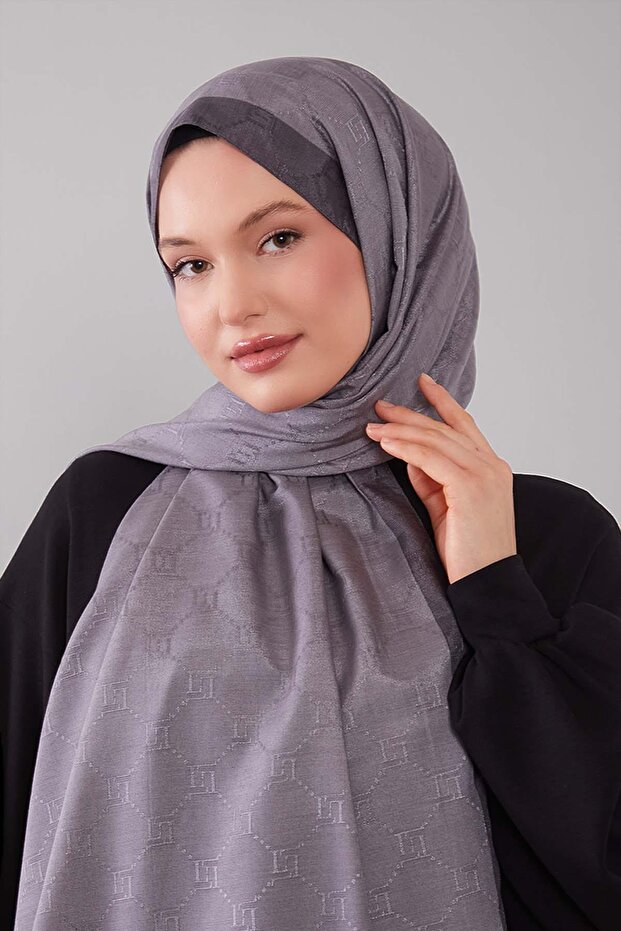 Antrasit Petek İşlemeli Monogram Şal - 3