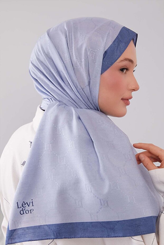 Mavi Petek İşlemeli Monogram Şal - 4