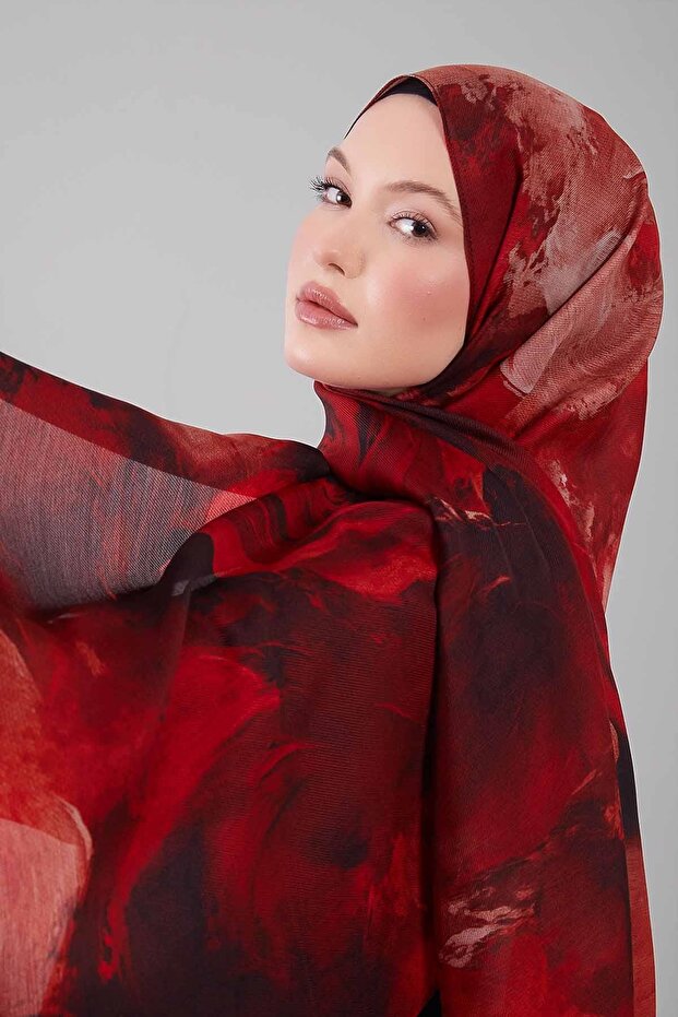 شال حريري من الصوف بنمط تجريدي أحمر - 1