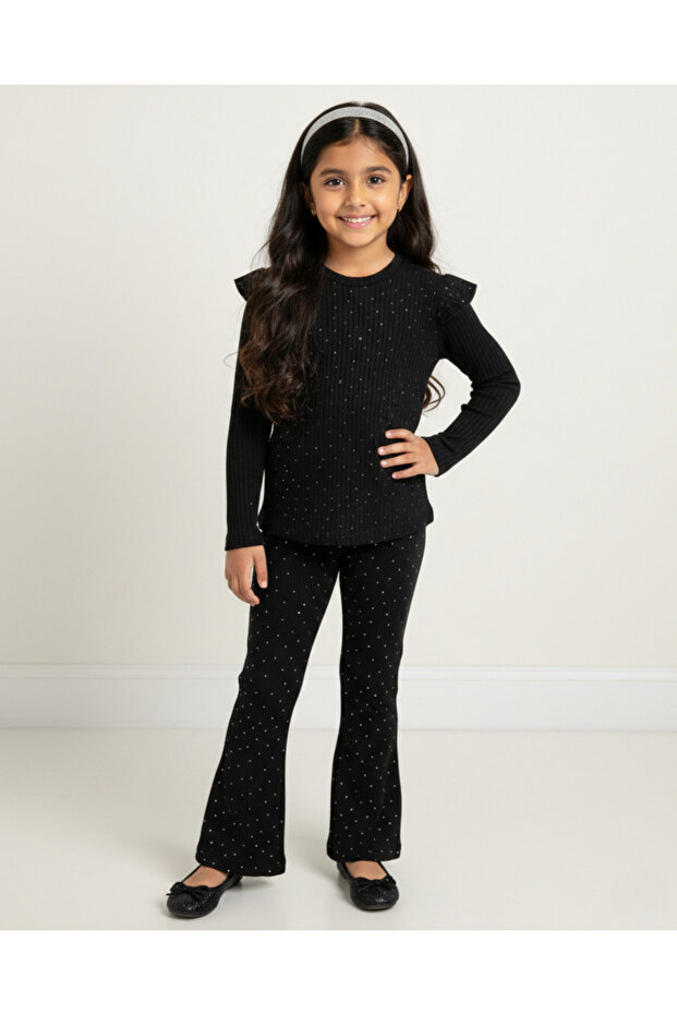 Girl's Corded Fabric Stoned Transitional Stylish 2-Piece Set L 4-12 Years Old Stoned Flared L Tights and Blouse